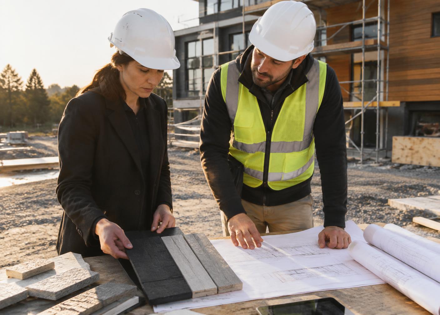 Equipo técnico coordinando una obra residencial